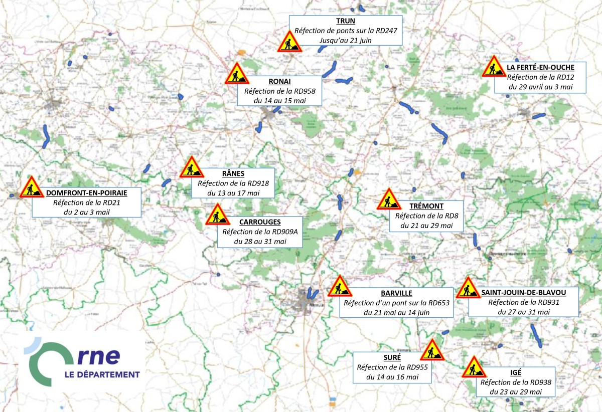 Carte des travaux sur les routes de l'Orne en mai 2024 ©CD61