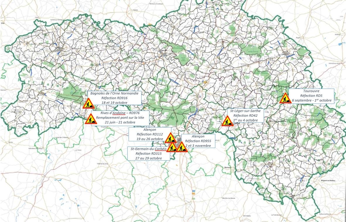 Carte des travaux sur les routes de l'Orne de septembre à novembre 2021 ©CD61