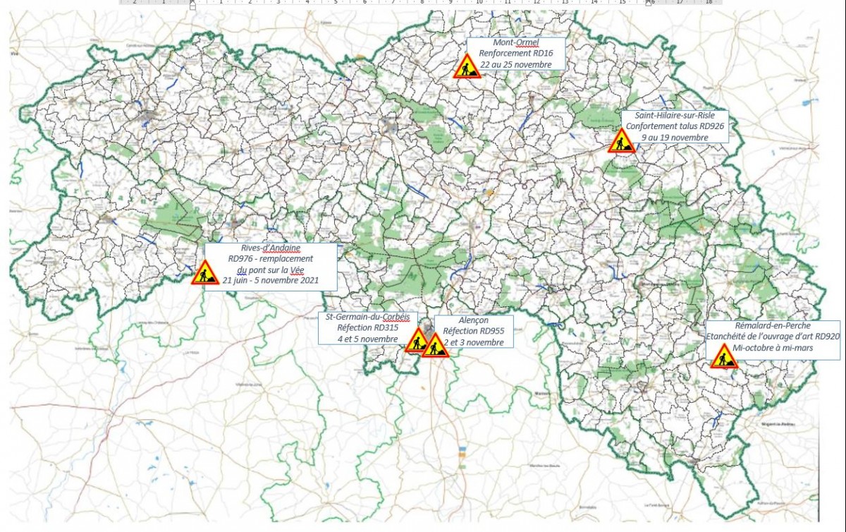 Carte des travaux sur les routes de l’Orne en novembre 2021 ©CD61