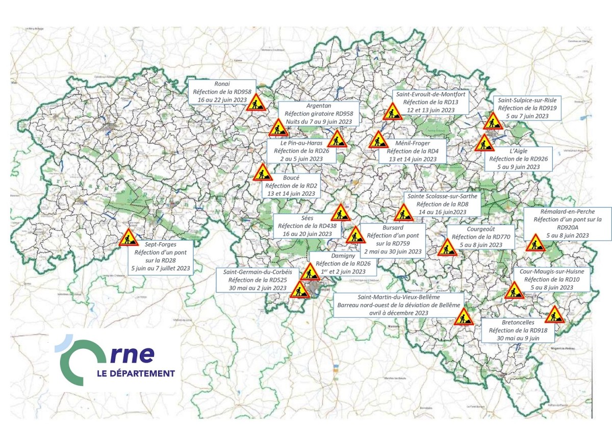 Carte des travaux sur les routes de l'Orne juin 2023 ©CD61