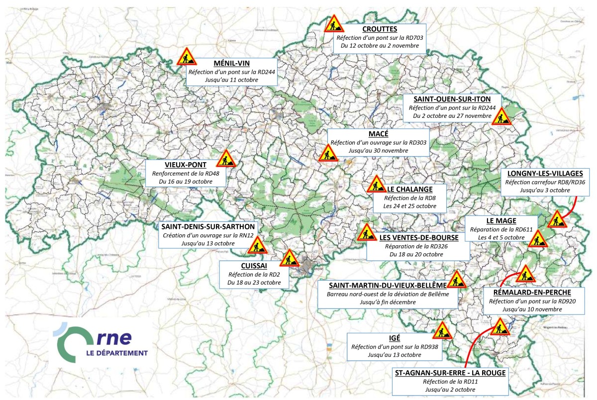 Carte des travaux sur les routes de l'Orne en octobre 2023 ©CD61
