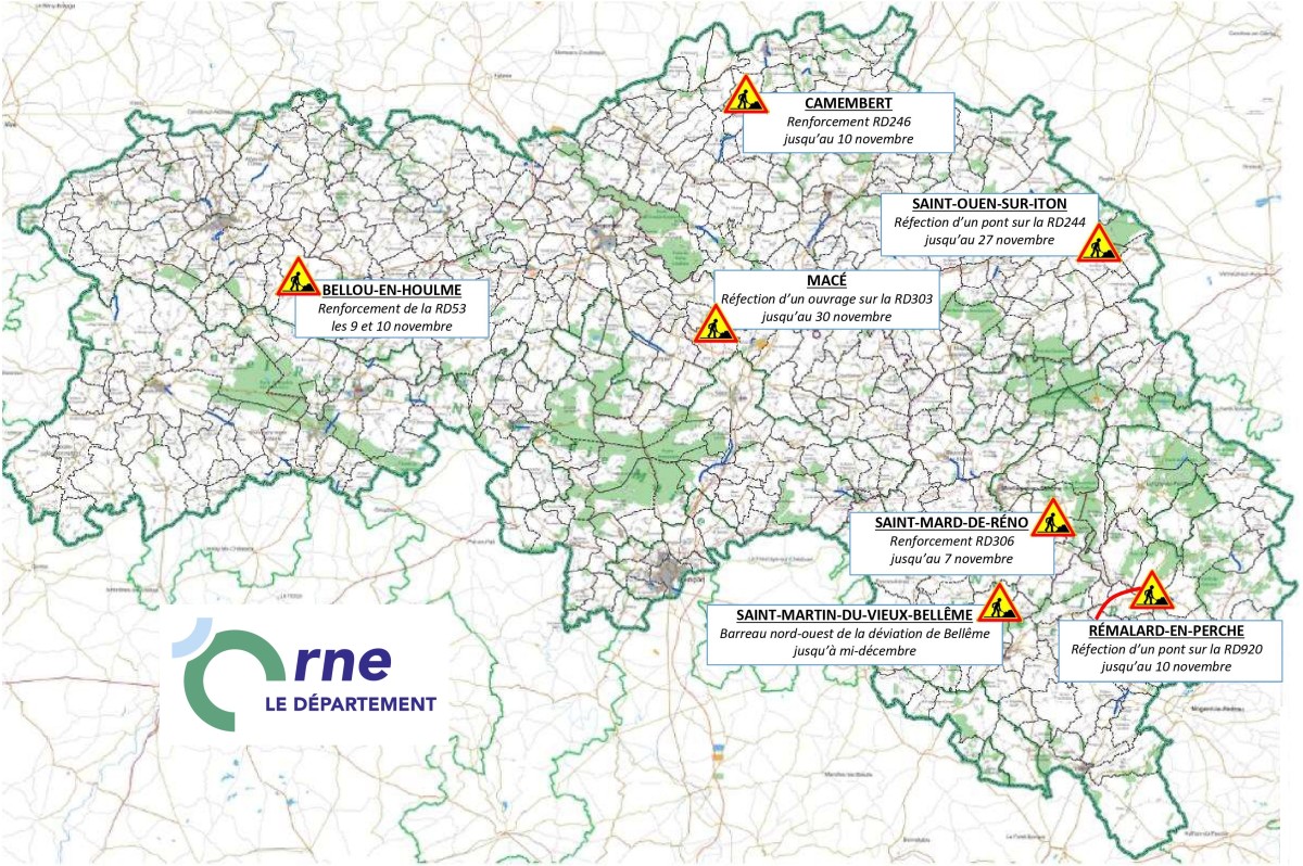 Carte des travaux sur les routes de l'Orne novembre 2023 ©CD61