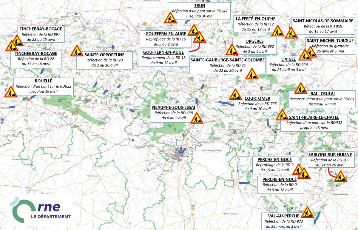 Carte des travaux sur les routes de l'Orne en avril 2024 ©CD61