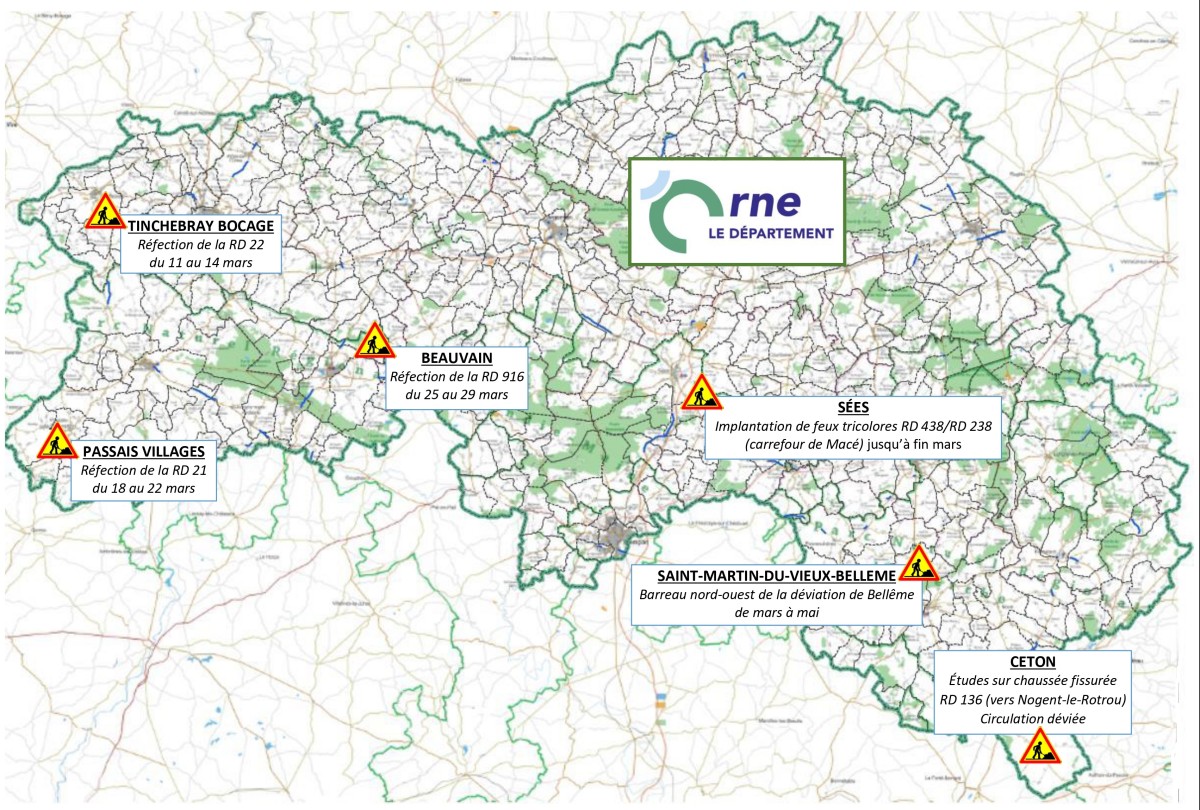 Carte des travaux au mois de mars 2024 ©CD61 Carte des travaux au mois de mars 2024 ©CD61