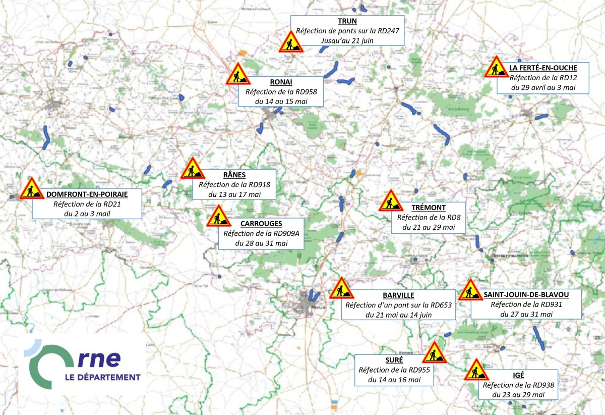 Carte des travaux sur les routes de l'Orne en mai 2024 ©CD61 Carte des travaux sur les routes de l'Orne en mai 2024 ©CD61