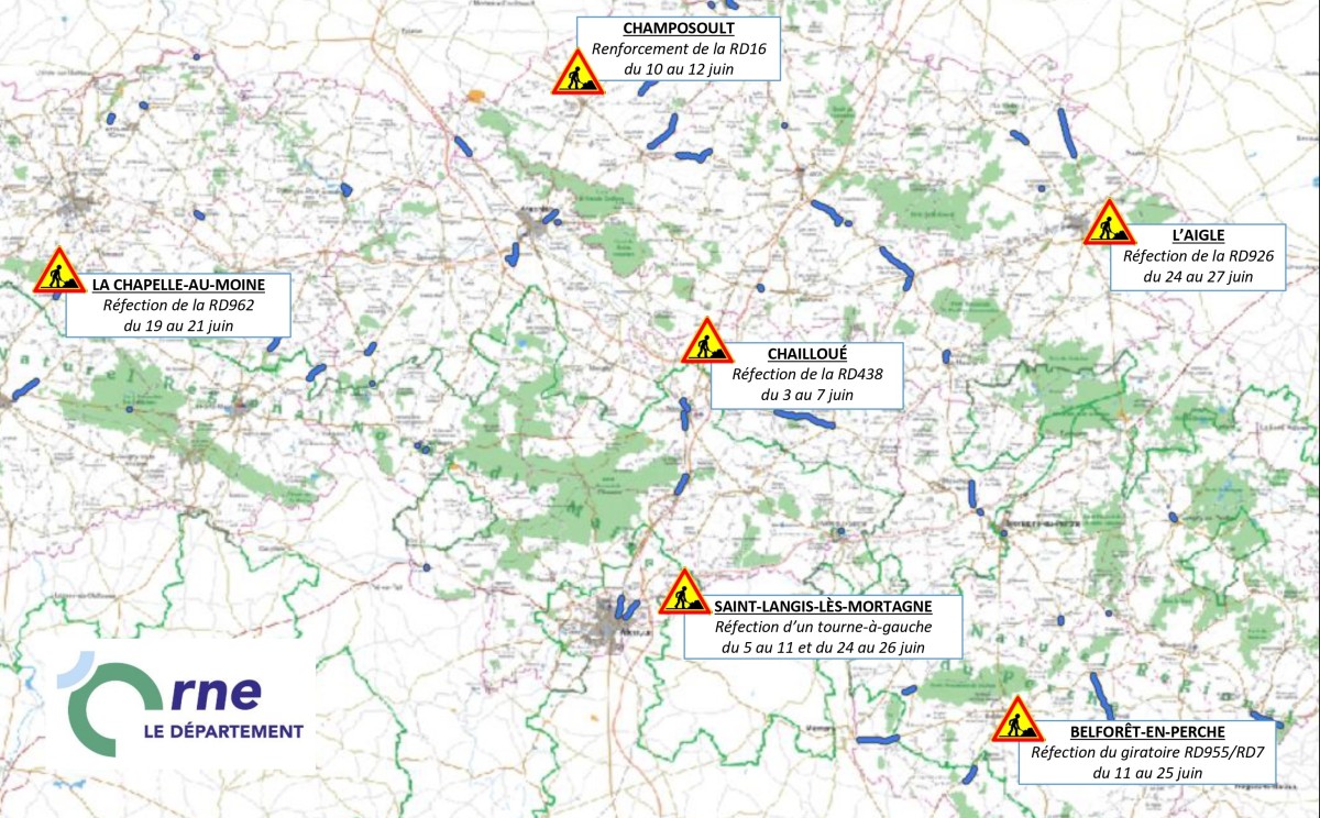 Carte des travaux des routes de l'Orne juin 2024 ©CD61 Carte des travaux des routes de l'Orne juin 2024 ©CD61