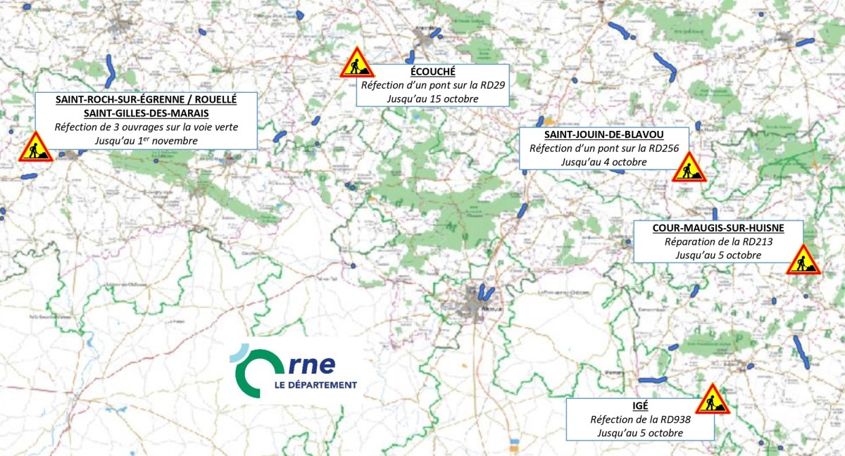 Carte des travaux sur les routes de l'Orne en octobre 2024 ©CD61 Carte des travaux sur les routes de l'Orne en octobre 2024 ©CD61