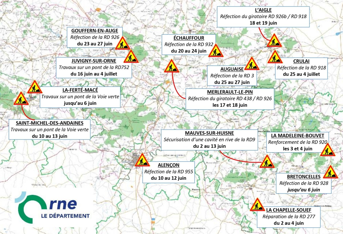 Les chantiers routiers sur les Départementales en juin 2025 ©CD61 Les chantiers routiers sur les Départementales en juin 2025 ©CD61