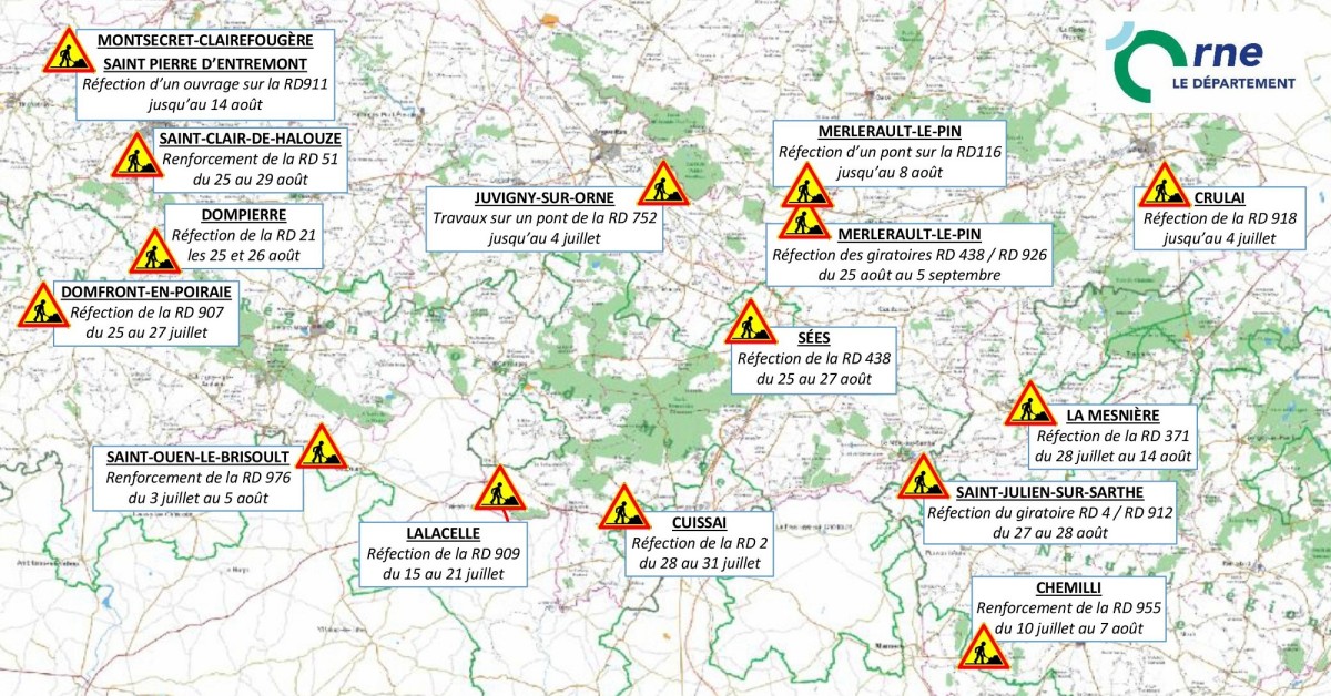 Les chantiers routiers sur les Départementales en juillet et août 2025 ©CD61 Les chantiers routiers sur les Départementales en juillet et août 2025 ©CD61