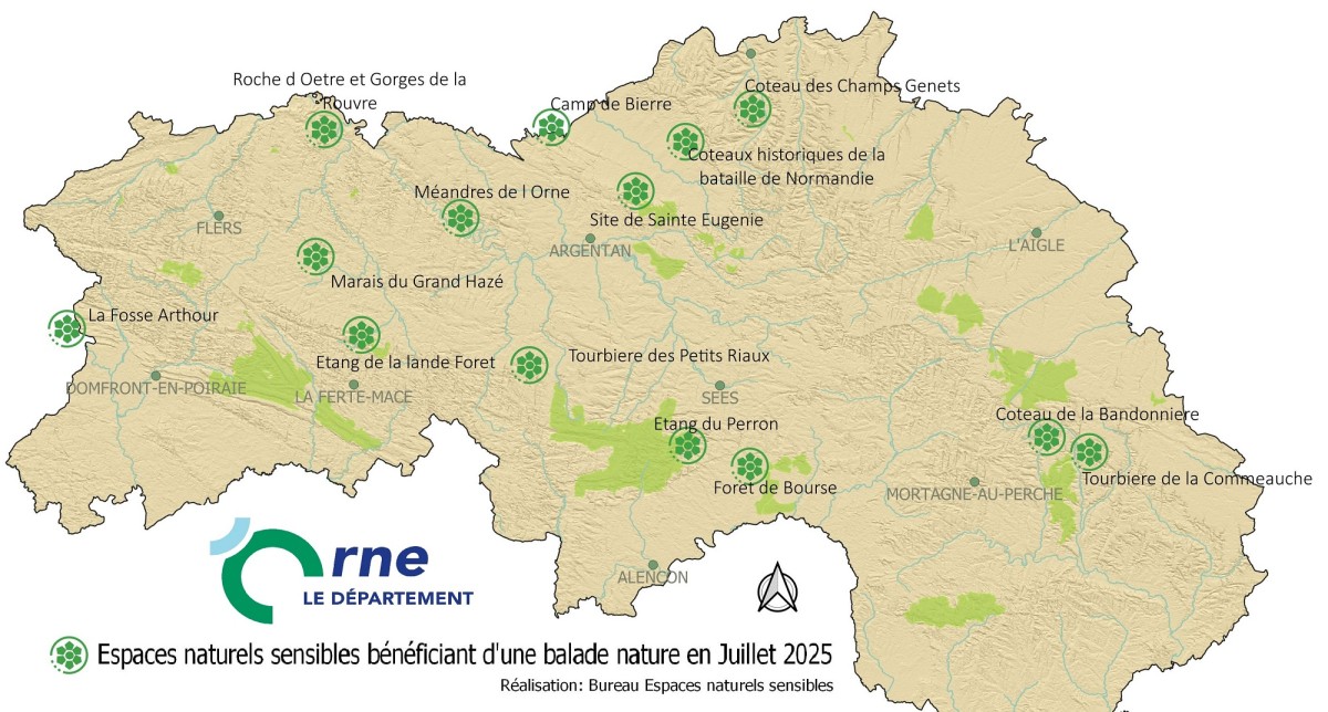 Carte des ballades dans les Espaces Naturels Sensibles juillet 2025 ©CD61 Carte des ballades dans les Espaces Naturels Sensibles juillet 2025 ©CD61