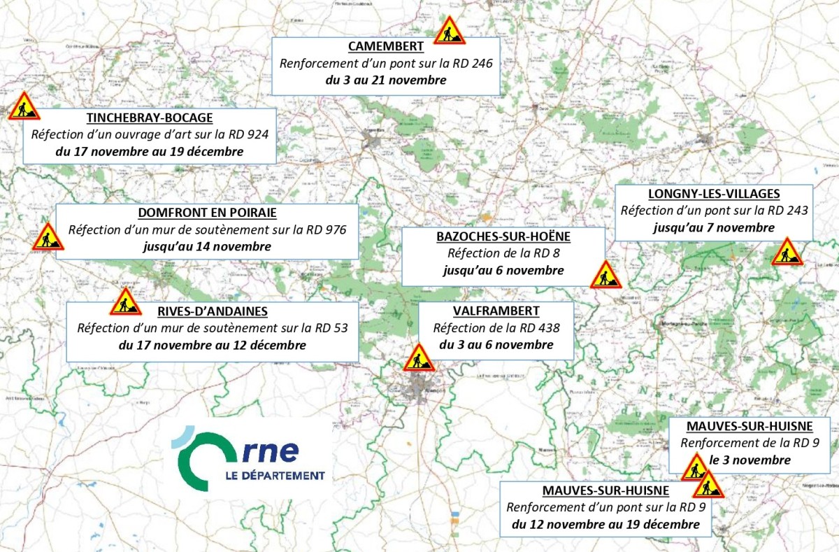 Cartes des travaux routiers sur les routes de l'Orne octobre 2025 ©CD61 Cartes des travaux routiers sur les routes de l'Orne octobre 2025 ©CD61