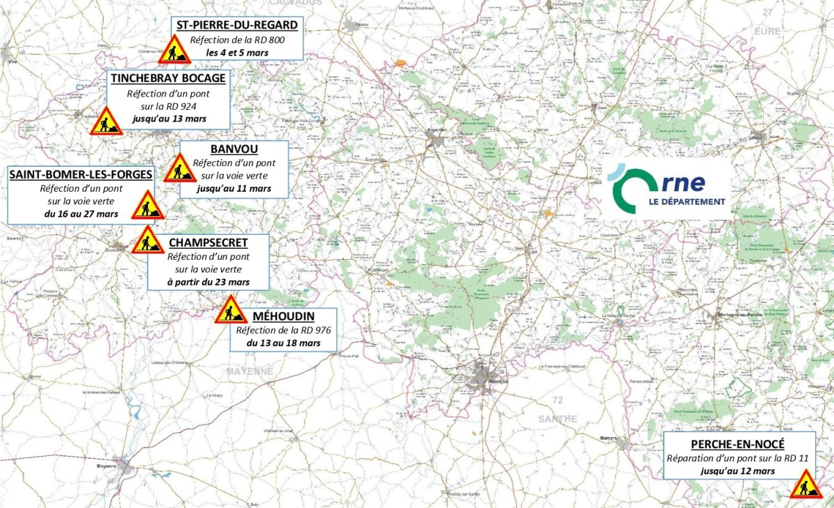 Carte des travaux routiers mars 2026 ©CD61