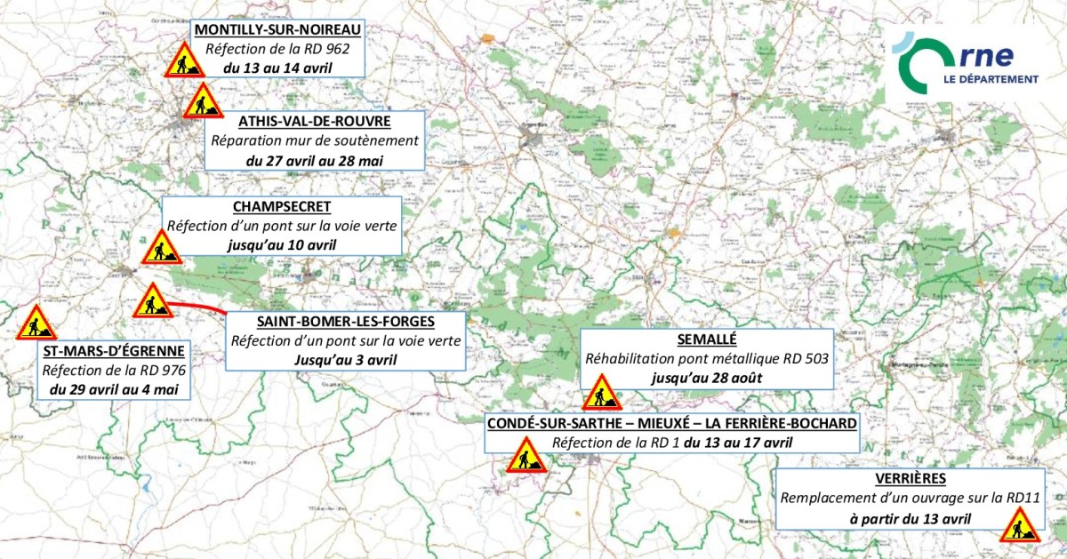 Carte des travaux routiers avril 2026 ©CD61