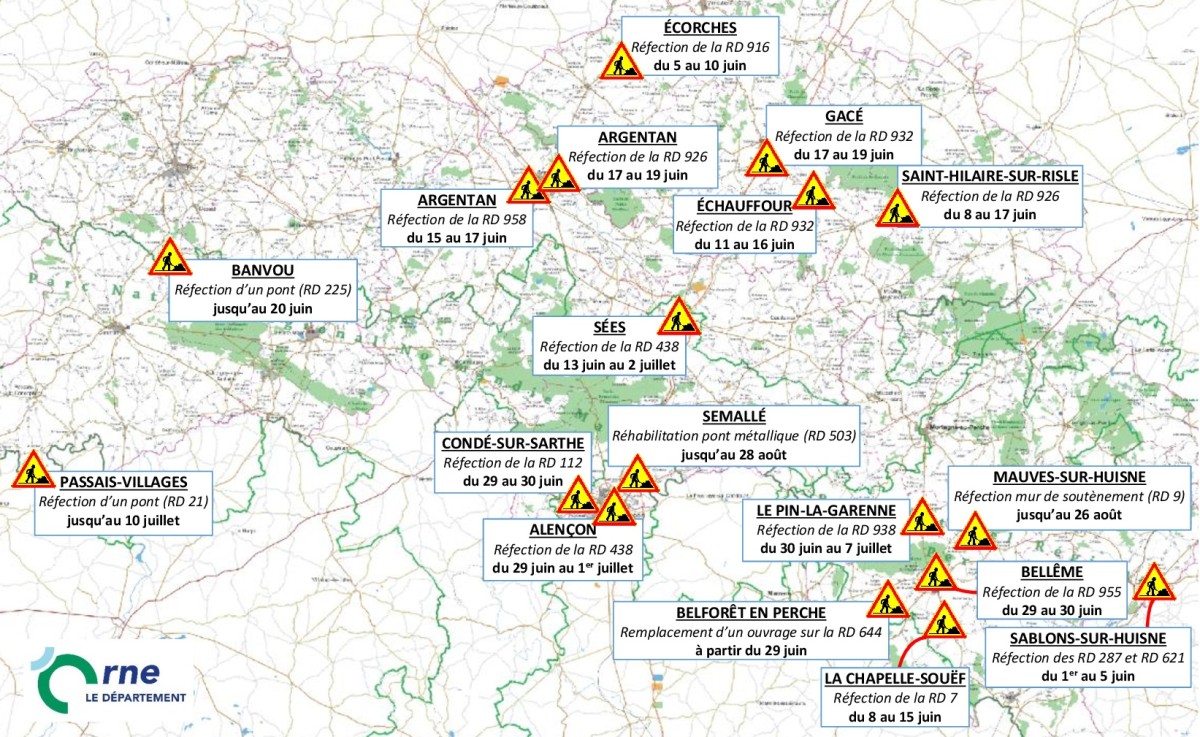 Les chantiers routiers sur les Départementales en juin 2026 ©CD61