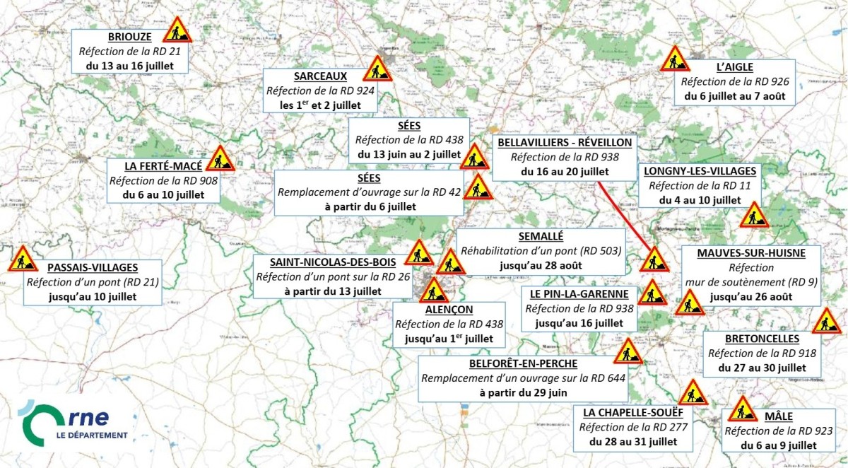 Les chantiers routiers sur les Départementales en juillet 2026 ©CD61