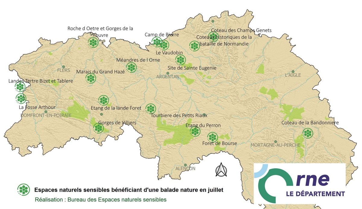 Carte des ballades dans les Espaces Naturels Sensibles juillet 2026 ©CD61