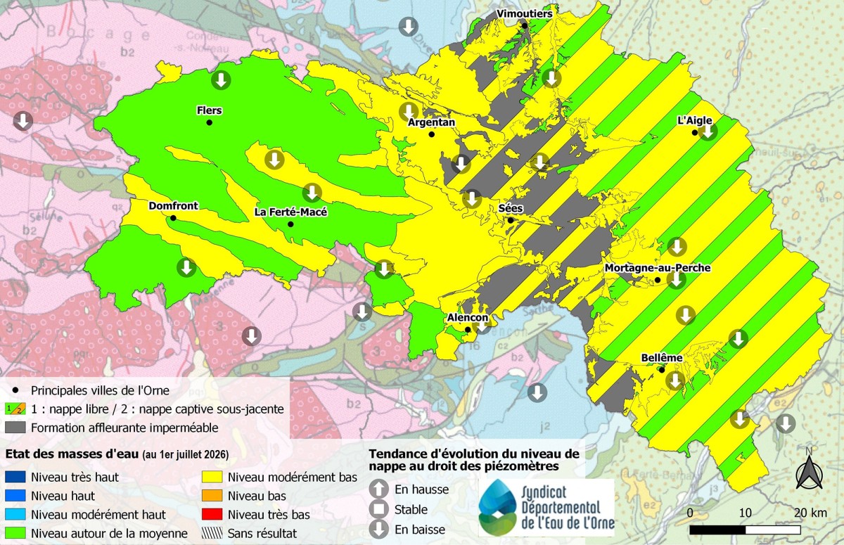 Carte des niveaux de l'Eau dans l'Orne juillet 2026 ©CD61