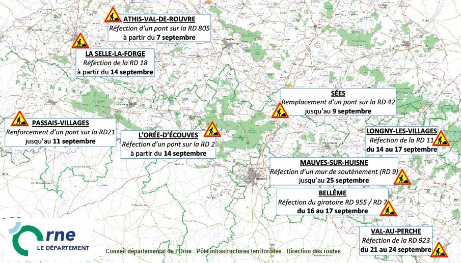 Carte des travaux prévus sur les routes de l'Orne en septembre 2026 ©CD61