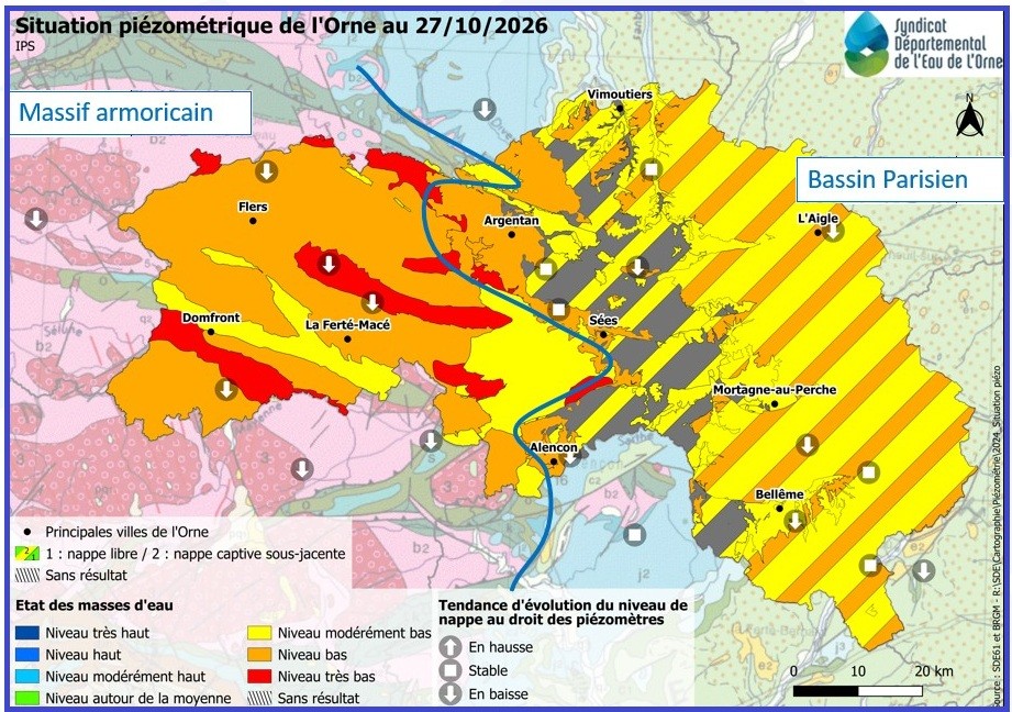 Carte de la Situation piézométrique de l'Orne au 27 octobre 2026 ©CD61