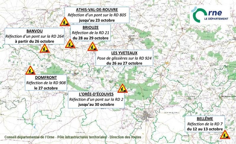 Carte des travaux routiers prévus dans l'Orne en octobre 2026
