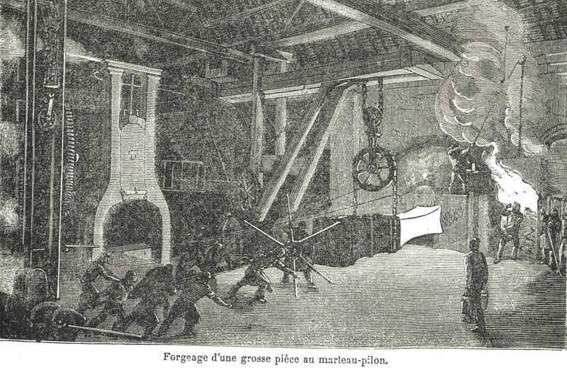 Intérieur d’une grosse forge. Gravure.  | Tirée du Fer. La fonte et l’acier par G. Delon (Médiathèque de Flers)