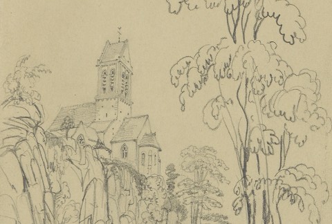 Félix Benoist : Saint-Céneri-le-Gerei, la Sarthe et l'église | Arch. dép. Orne, 116 Fi 21